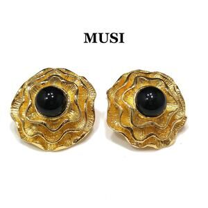 Gold Plated 1950s Musi Floral Shoe Clips, Black Lucite Cabochons